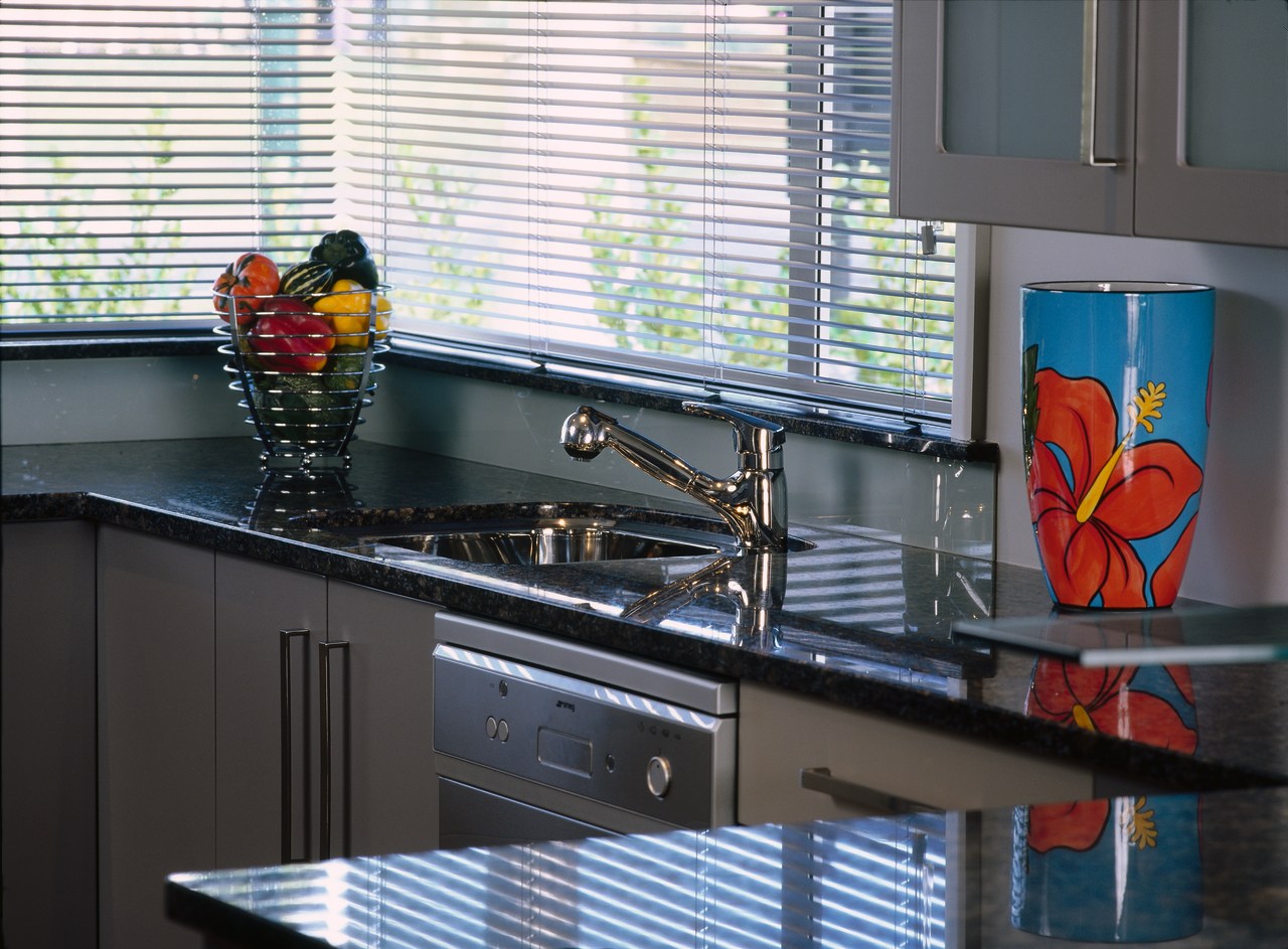 View of the kitchen countertop, kitchen, room, black, gray