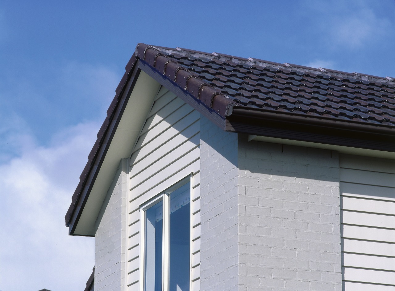 View of the cladding &amp; roofing of this building, daylighting, facade, home, house, roof, siding, sky, window, gray, blue