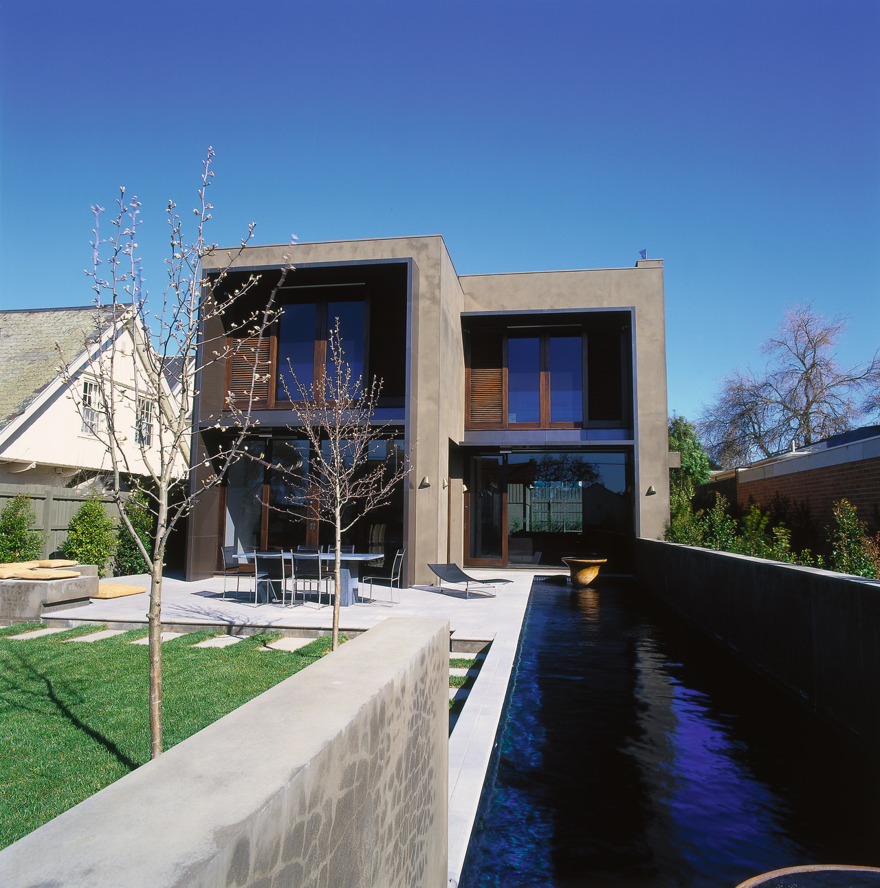 View of the pool architecture, building, estate, facade, home, house, property, real estate, reflection, residential area, sky, villa, blue