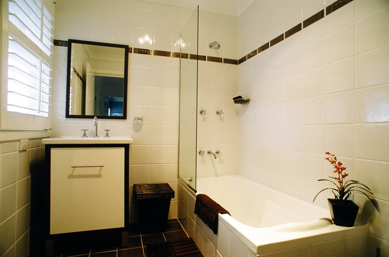 interior view of bathroom bathroom, floor, home, interior design, room, tile, orange