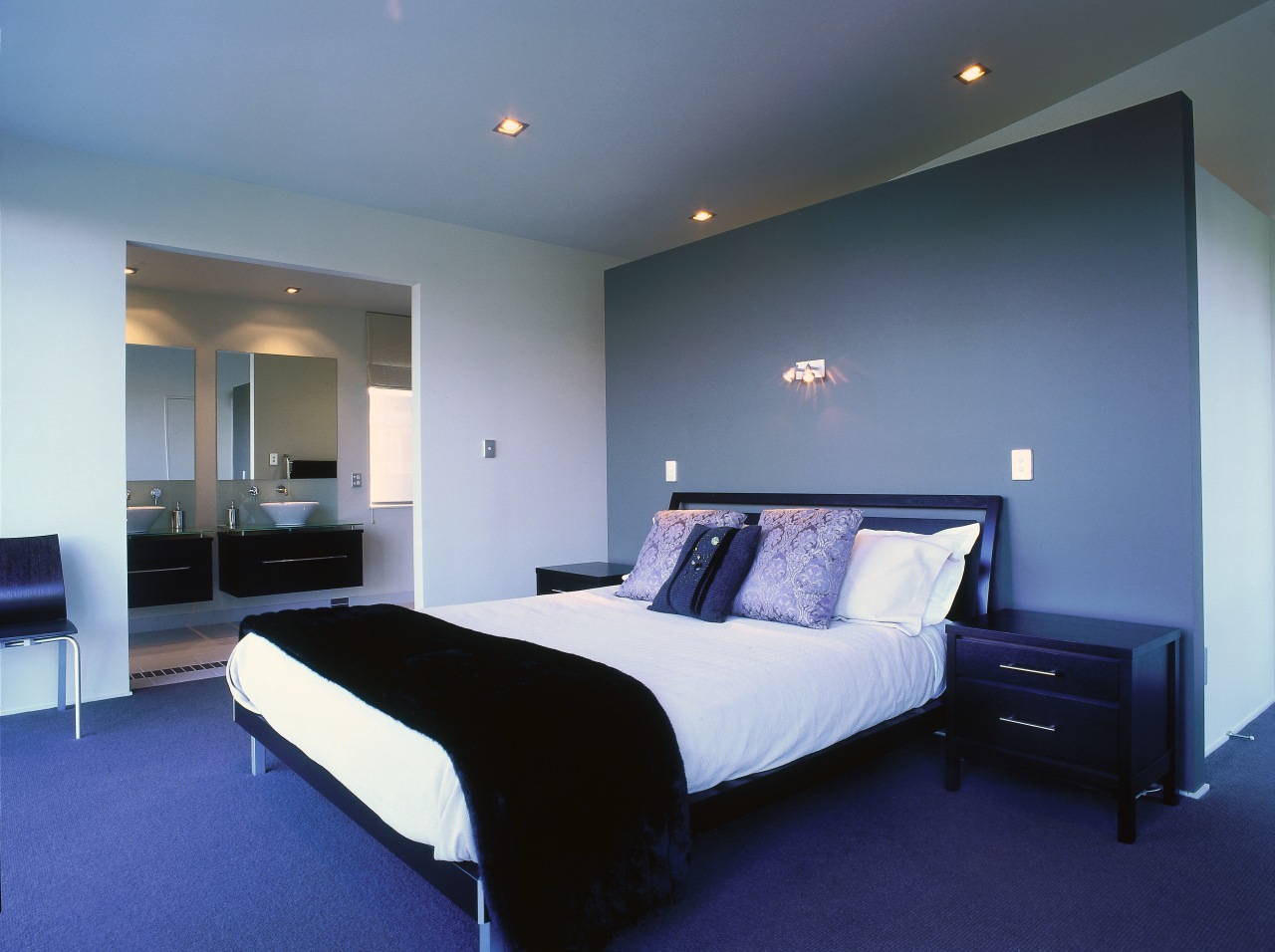 View of the bedroom bed frame, bedroom, ceiling, home, interior design, lighting, property, real estate, room, suite, wall, blue