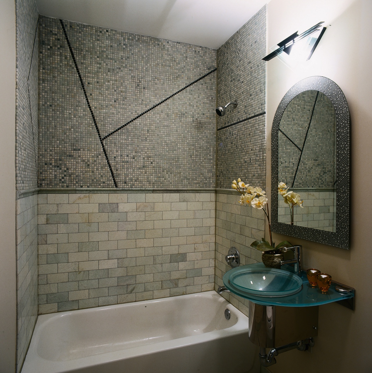 View of this bathroom bathroom, floor, flooring, interior design, plumbing fixture, room, tile, wall, gray, black