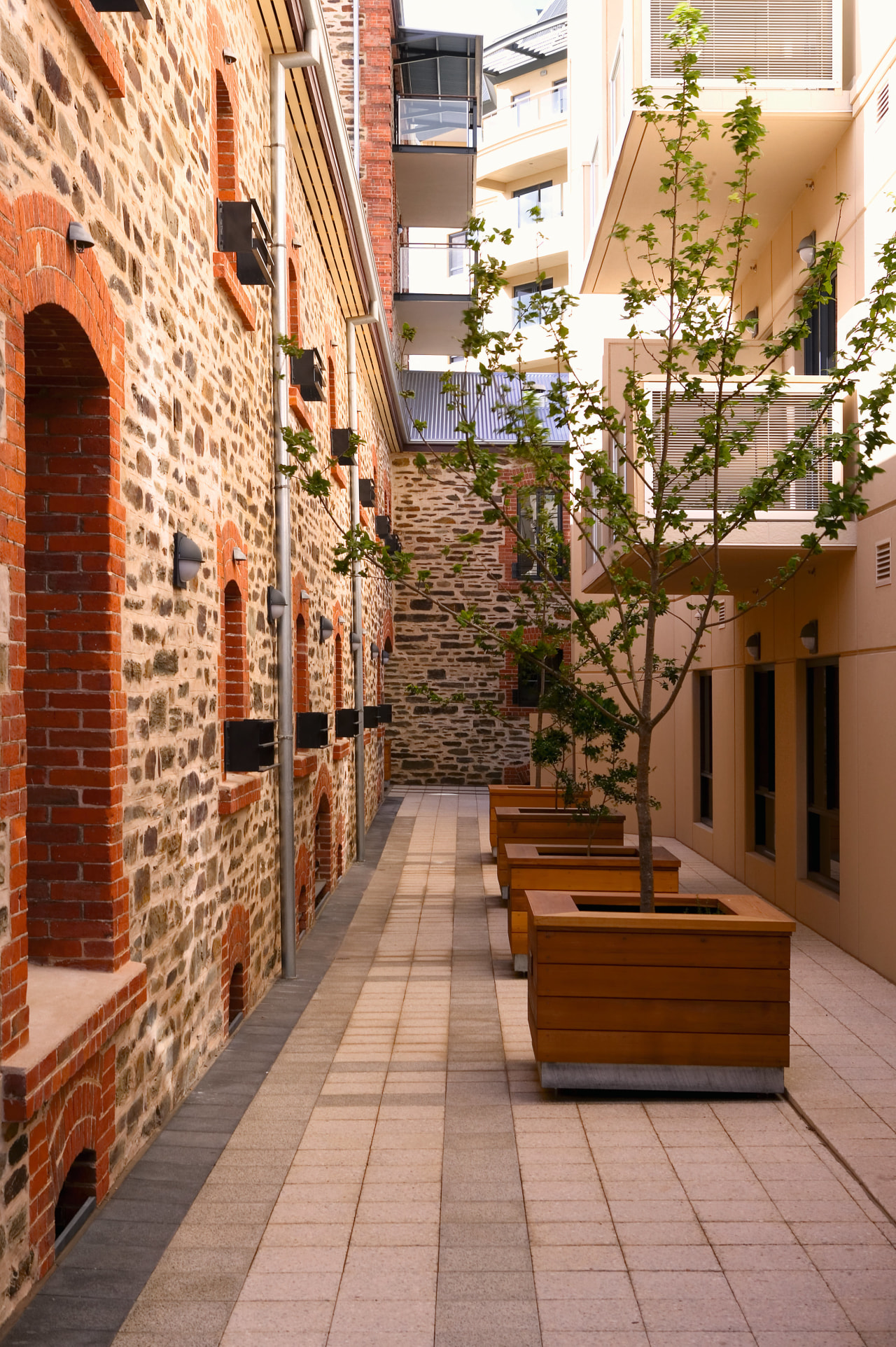 Trees in timber planter boxes in paved lane alley, apartment, brick, courtyard, facade, home, neighbourhood, real estate, brown, orange