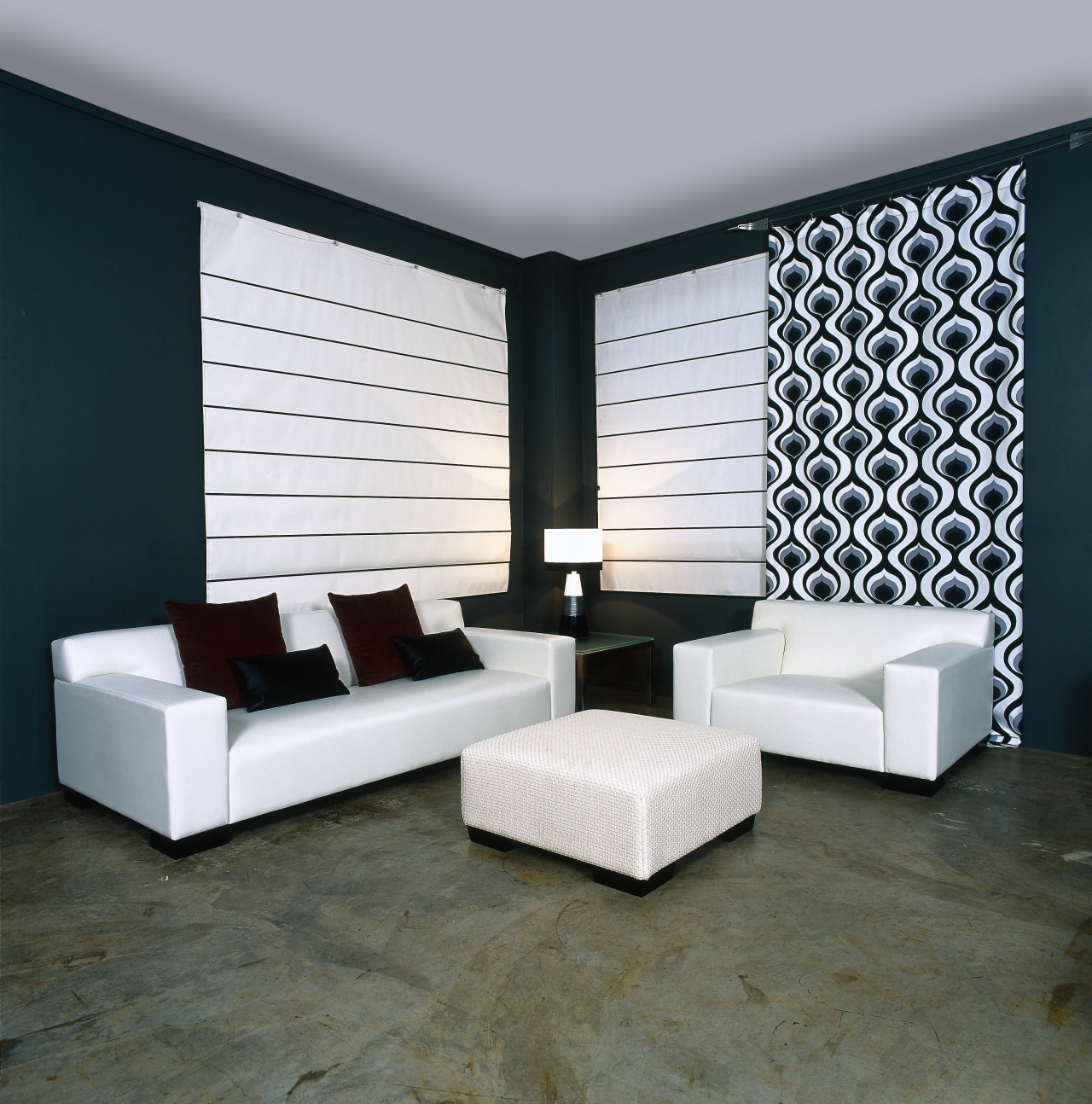 View of this furniture set-up angle, ceiling, couch, floor, flooring, furniture, interior design, living room, table, wall, window, window covering, gray, black