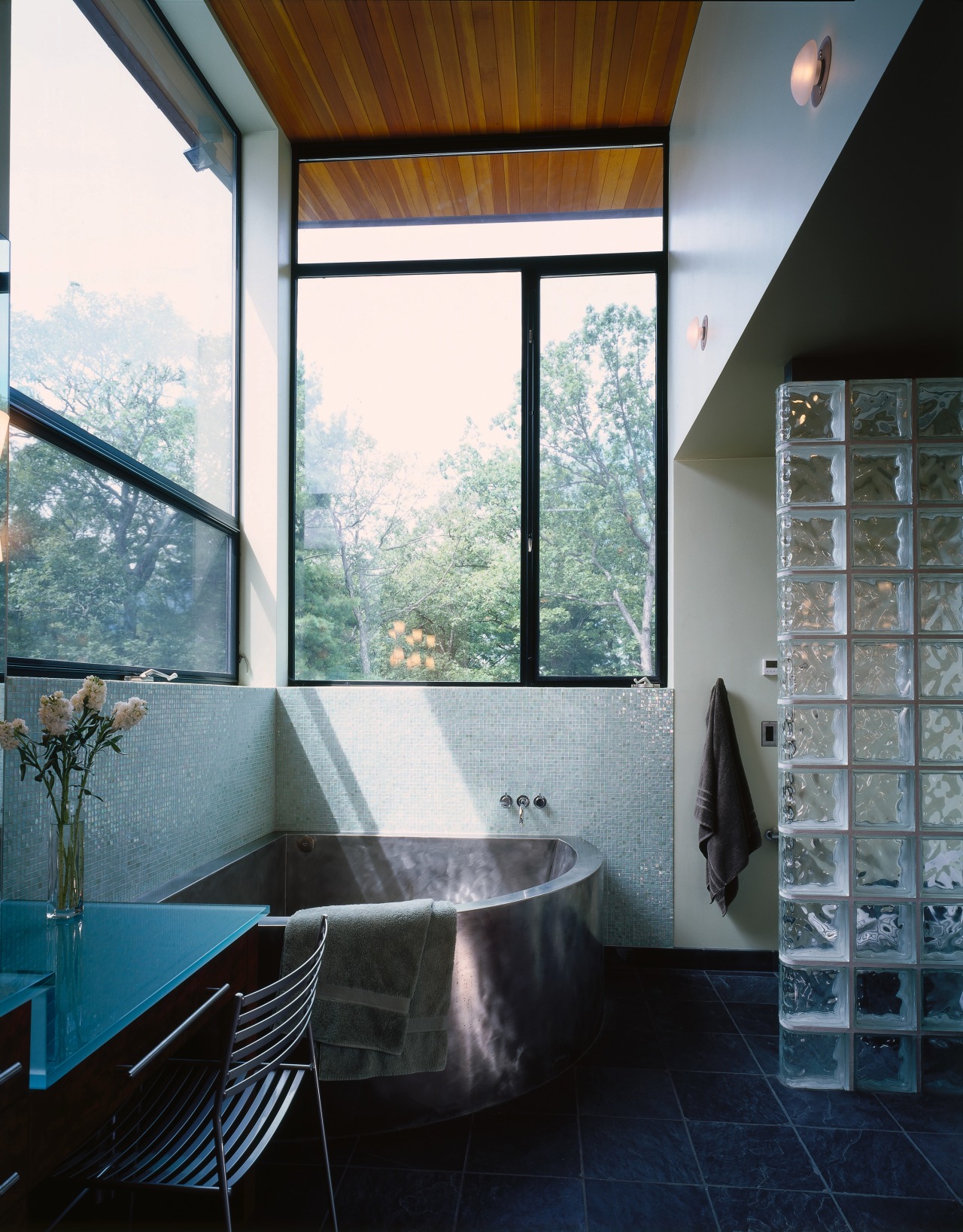 View of this modern bathroom architecture, bathroom, ceiling, daylighting, estate, glass, home, house, interior design, room, window, black, gray