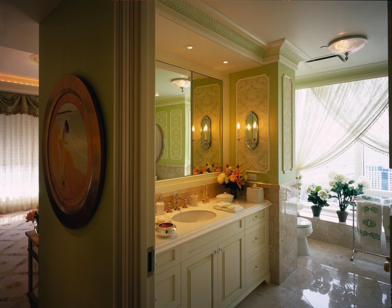 View of this traditional bathroom bathroom, ceiling, countertop, estate, home, interior design, room, window, brown