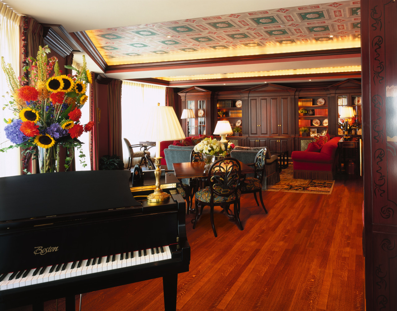 View of this living area interior design, piano, player piano, restaurant, red