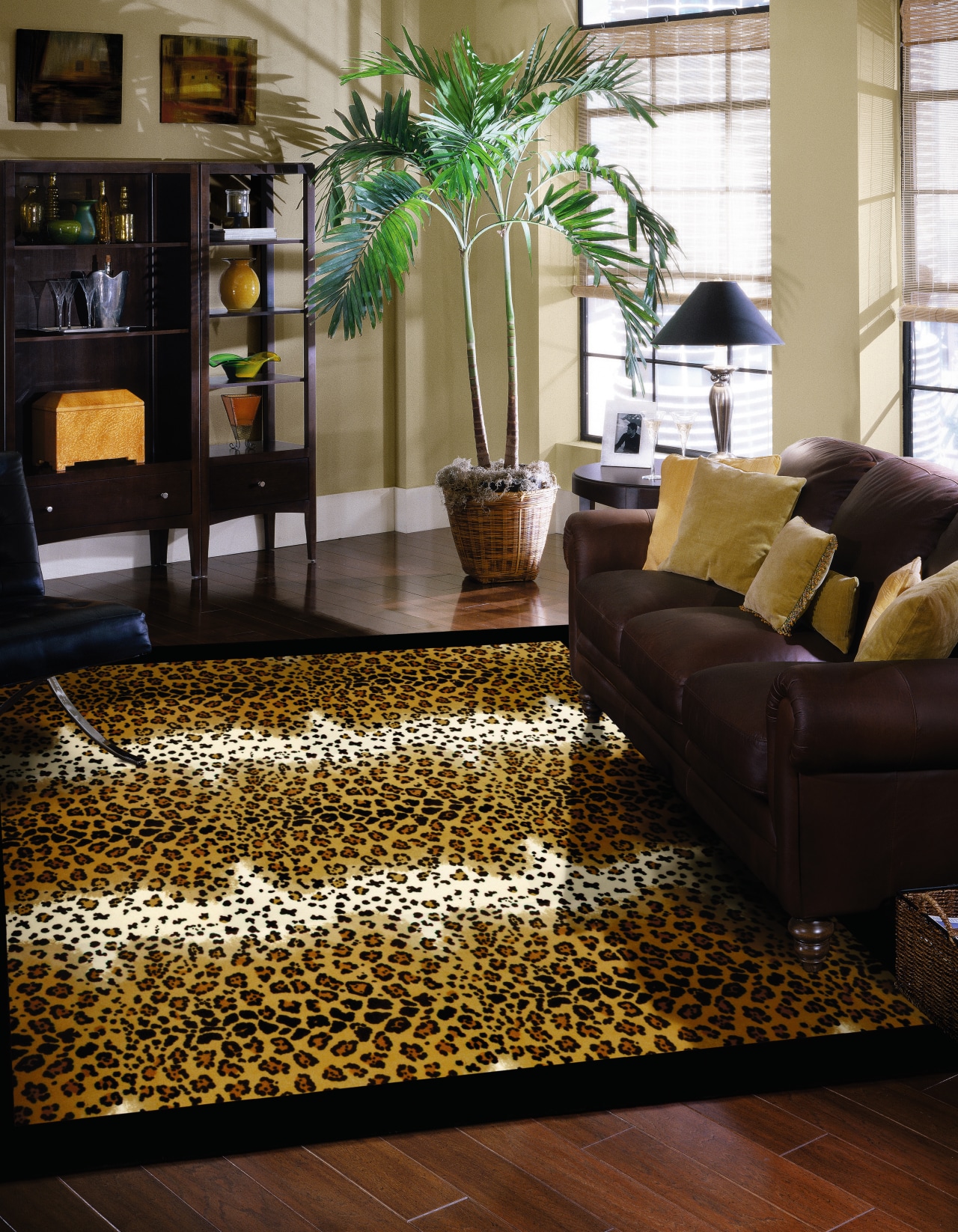 View of this animal print floor rug by carpet, floor, flooring, hardwood, home, interior design, living room, wood flooring, black, brown