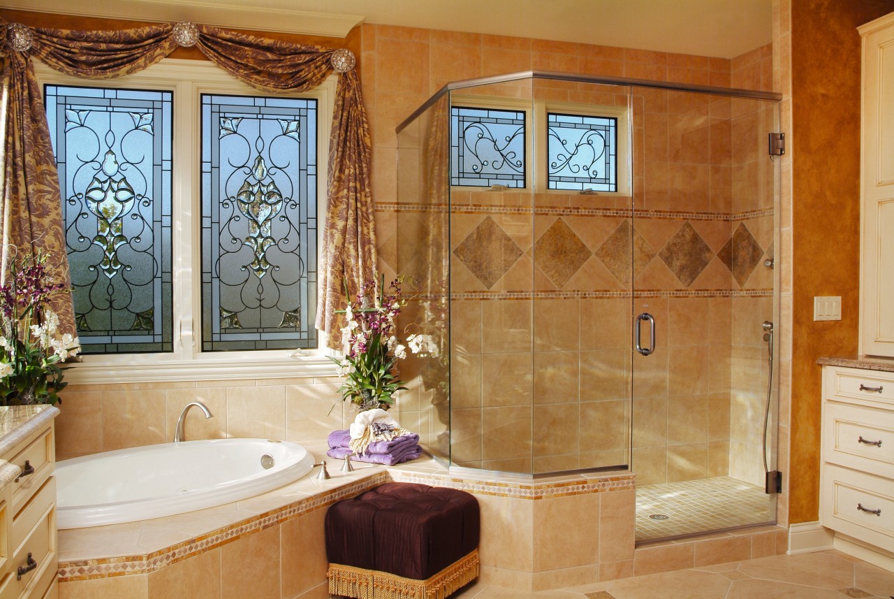 View of this bathroom bathroom, cabinetry, door, estate, floor, flooring, home, interior design, real estate, room, tile, wall, window, brown, orange