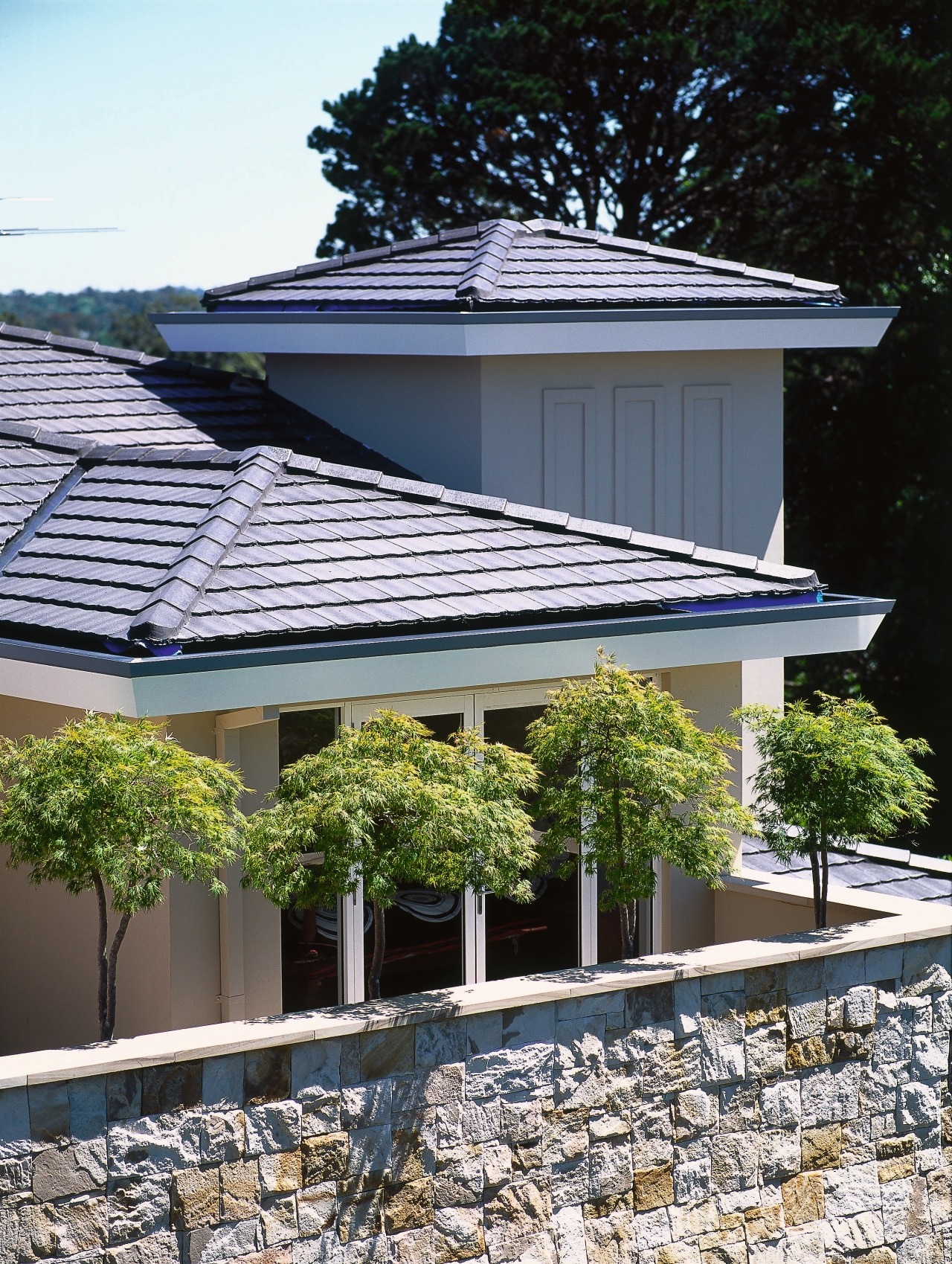 Exterior view of apartment showing concrete roof tiles, cottage, facade, home, house, outdoor structure, plant, real estate, residential area, roof, tree, window, black