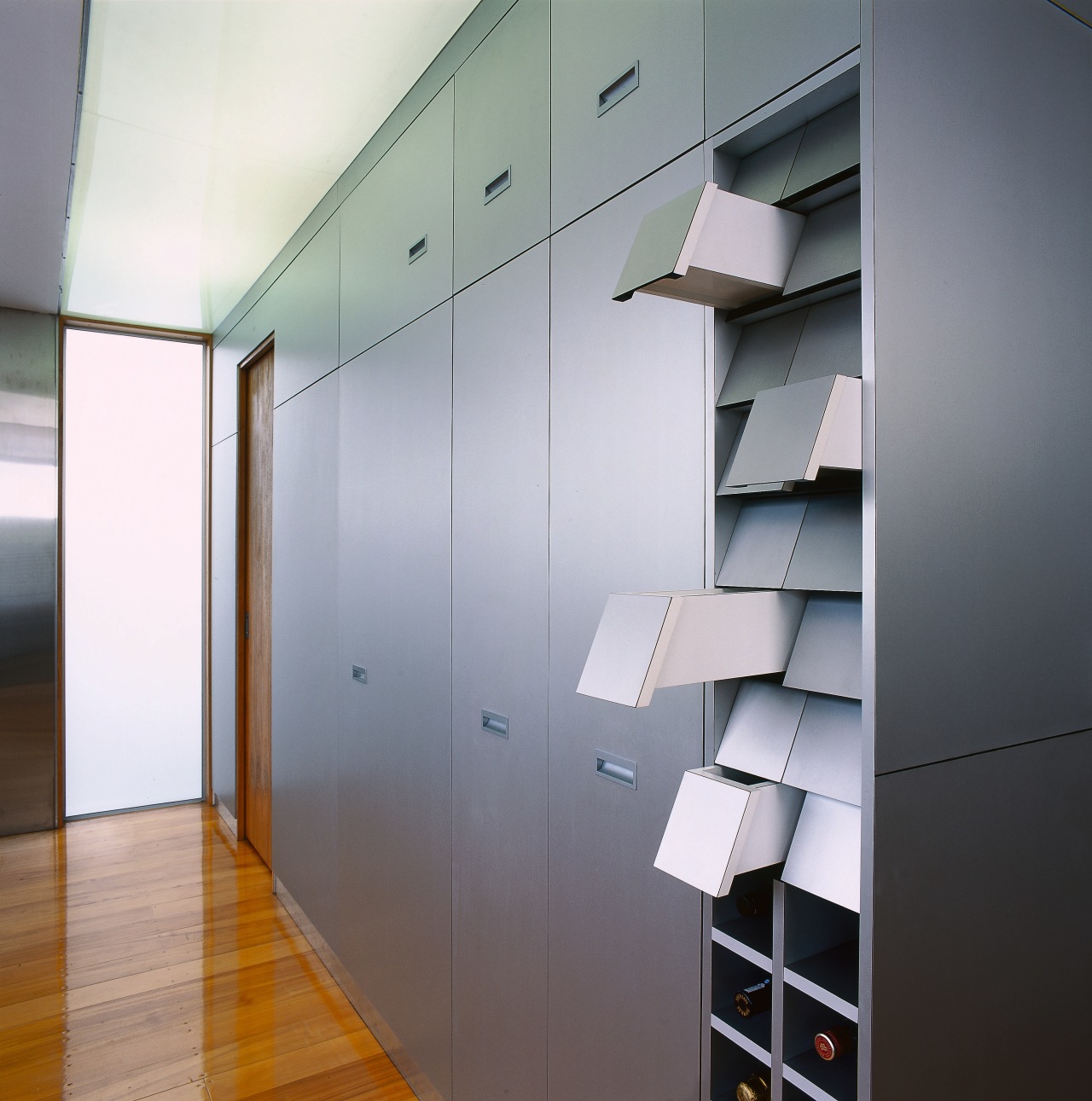 view of ktichencupboard system architecture, ceiling, daylighting, glass, interior design, shelf, wall, gray