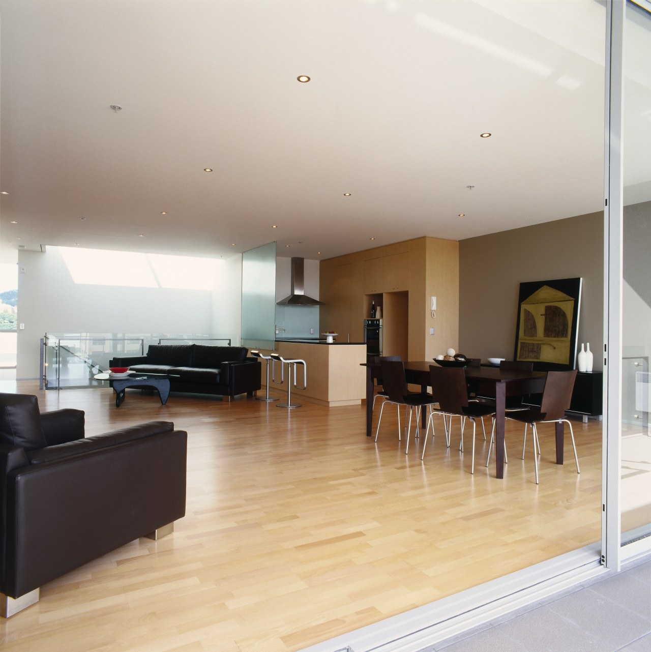 Open plan apartment living area with maple timber apartment, ceiling, floor, flooring, hardwood, house, interior design, laminate flooring, living room, property, real estate, room, wood flooring, white