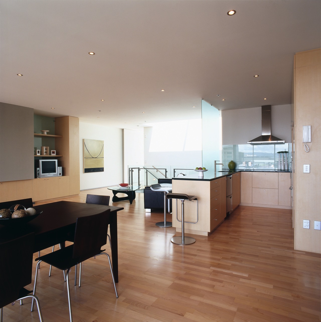 Open plan interior of apartment with timber flooring, apartment, architecture, ceiling, countertop, floor, flooring, hardwood, house, interior design, kitchen, laminate flooring, living room, real estate, room, wood, wood flooring, gray, brown