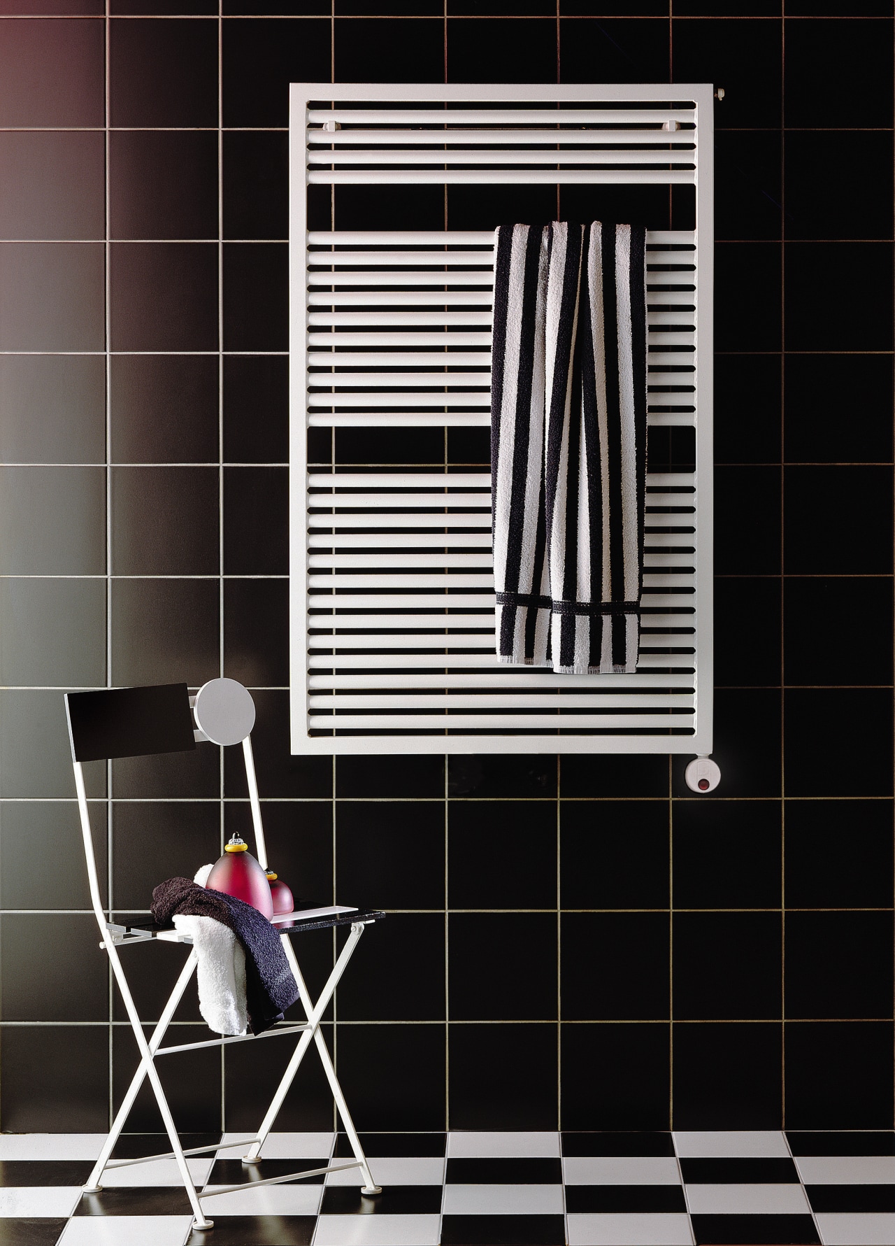 View of this bathroom accessory black, floor, flooring, furniture, interior design, line, product, shelf, shelving, tile, wall, window, black