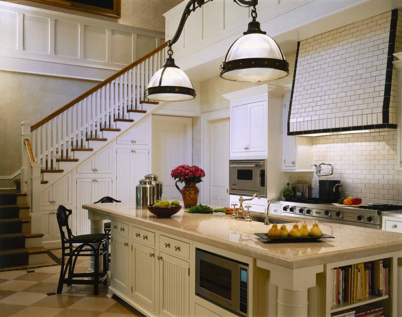 View of the entire kitchen area, tiled floor, cabinetry, ceiling, countertop, cuisine classique, interior design, kitchen, room, gray, brown