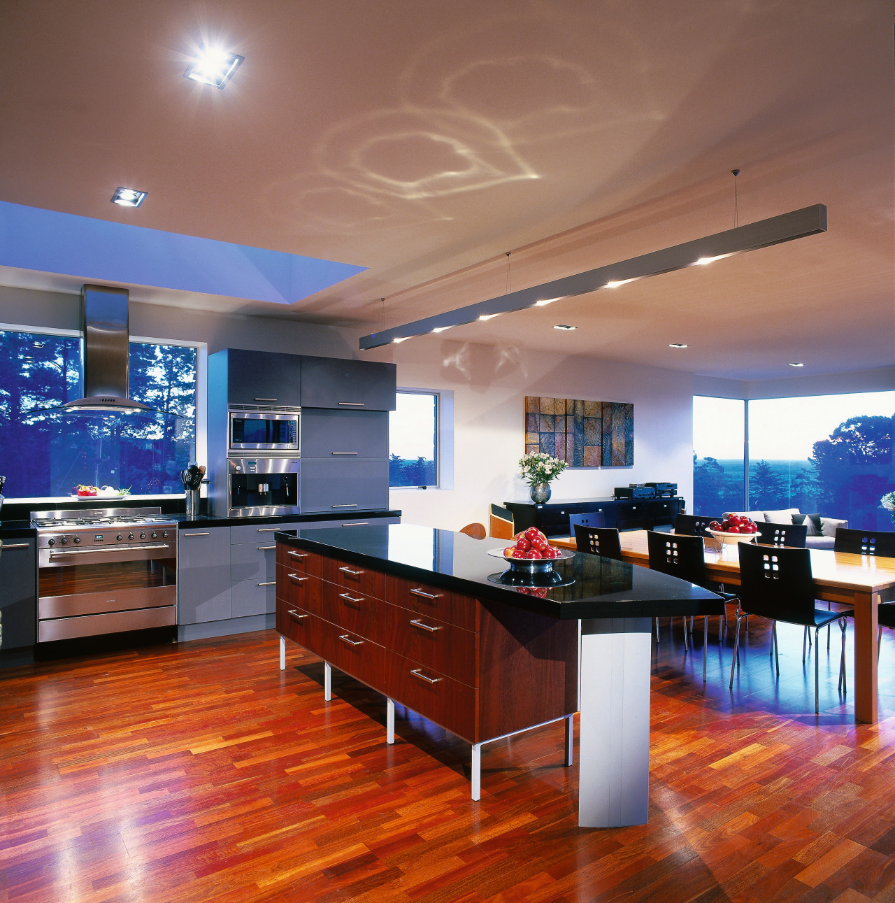 view of kitchen area showing jarrah floors, industrial ceiling, countertop, floor, flooring, hardwood, interior design, kitchen, lighting, living room, real estate, wood, wood flooring, red