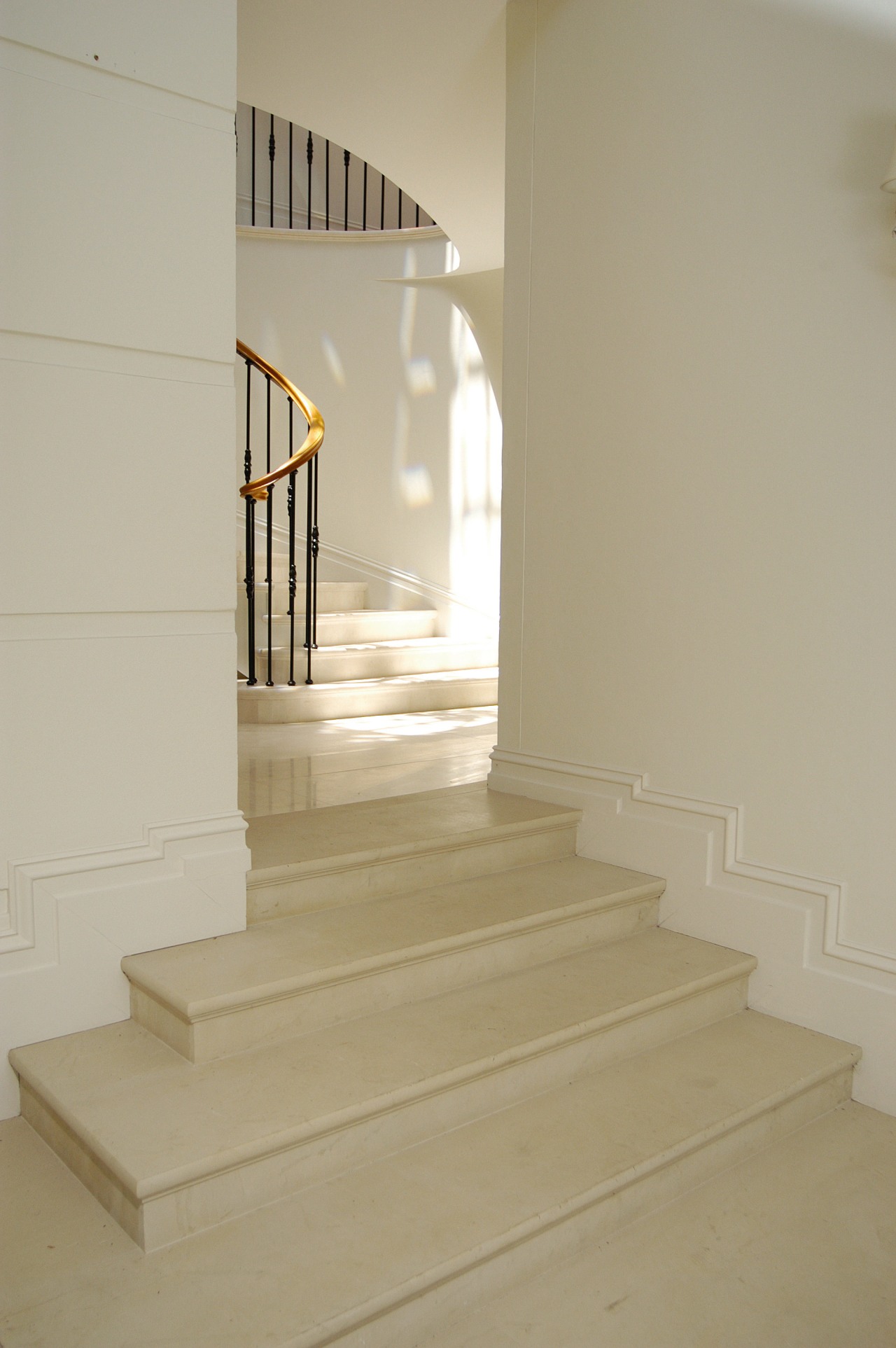 Stairway and flooring in marble or limestone with apartment, architecture, daylighting, floor, flooring, handrail, hardwood, home, house, interior design, product design, property, stairs, wall, wood, wood flooring, gray, orange