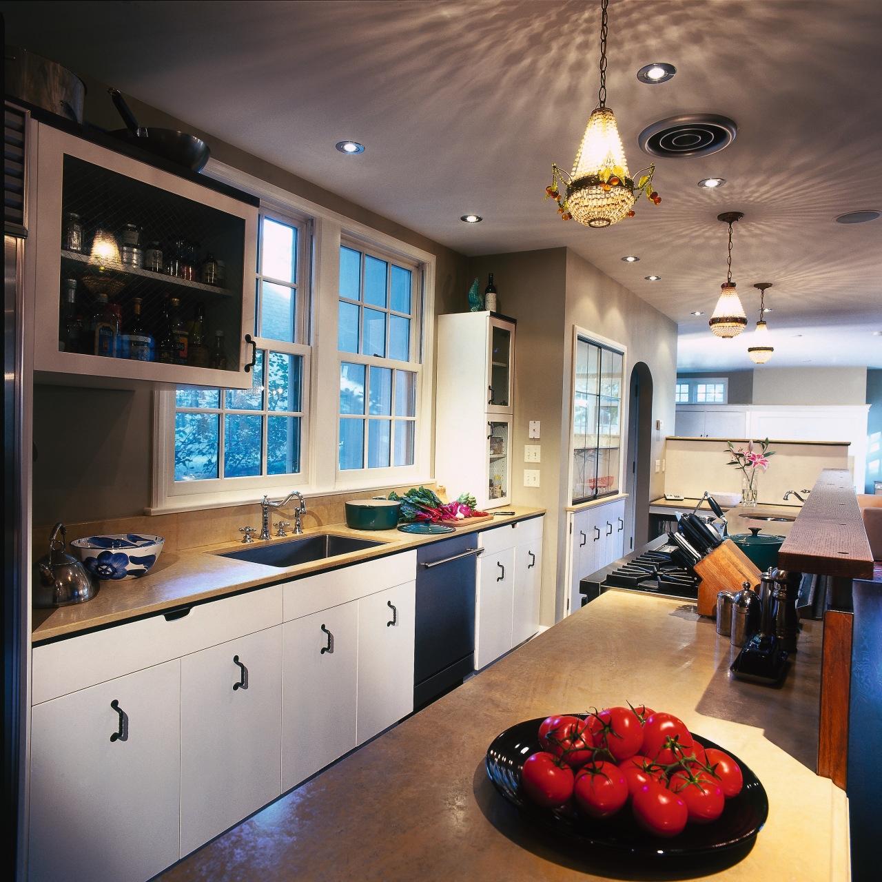 View of a kitchen wooden cabinetry and flooring, ceiling, countertop, home, interior design, kitchen, room, gray