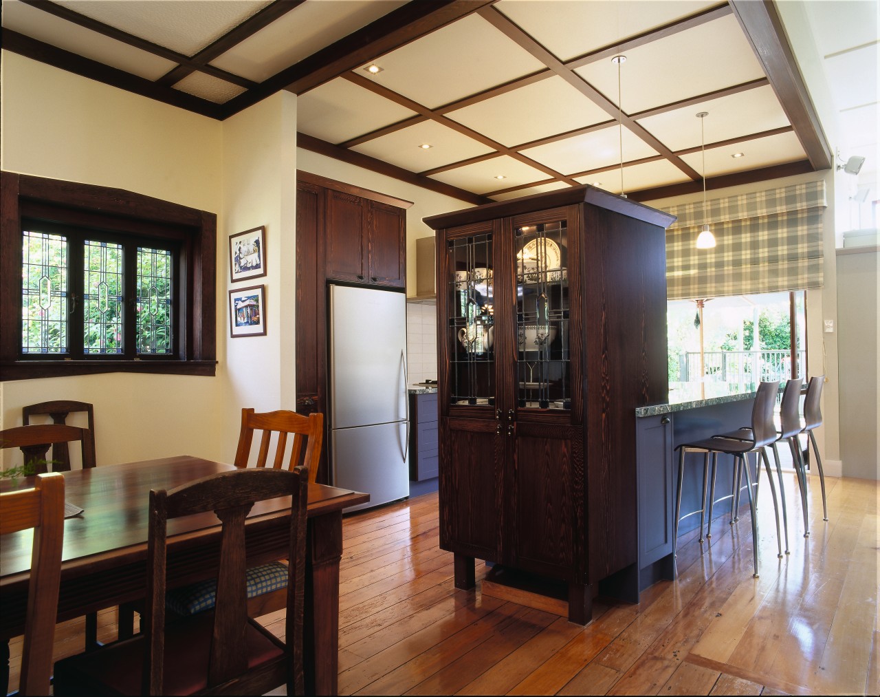 view  of the kitchen area showing the dining room, interior design, property, real estate, black