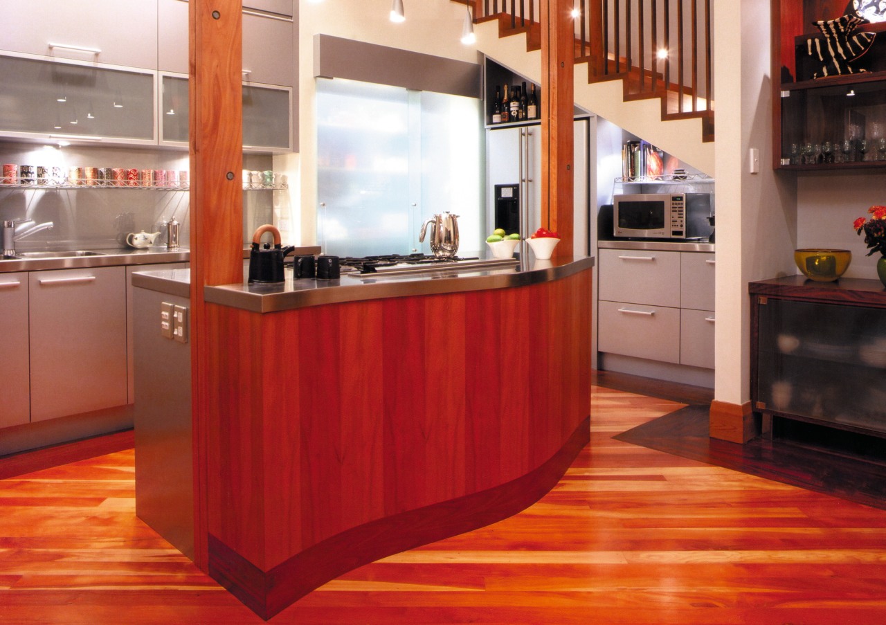 Kitchen with timber backing on island, grey cabinetry, cabinetry, countertop, cuisine classique, floor, flooring, hardwood, interior design, kitchen, laminate flooring, room, wood, wood flooring, red