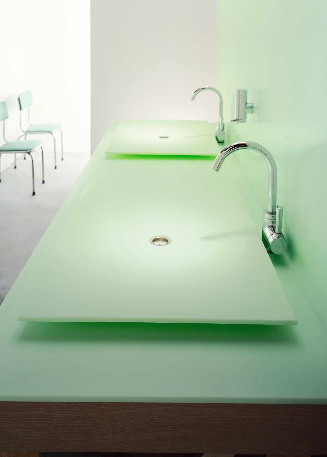 Bathroom with twin basins in green Laminex, and bathroom, bathroom sink, floor, lighting, plumbing fixture, product design, sink, tap, green, white