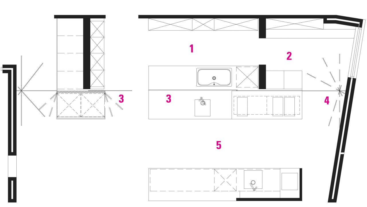 plan view of the kitchen area angle, area, design, diagram, drawing, floor plan, font, line, pattern, product, product design, square, structure, text, white