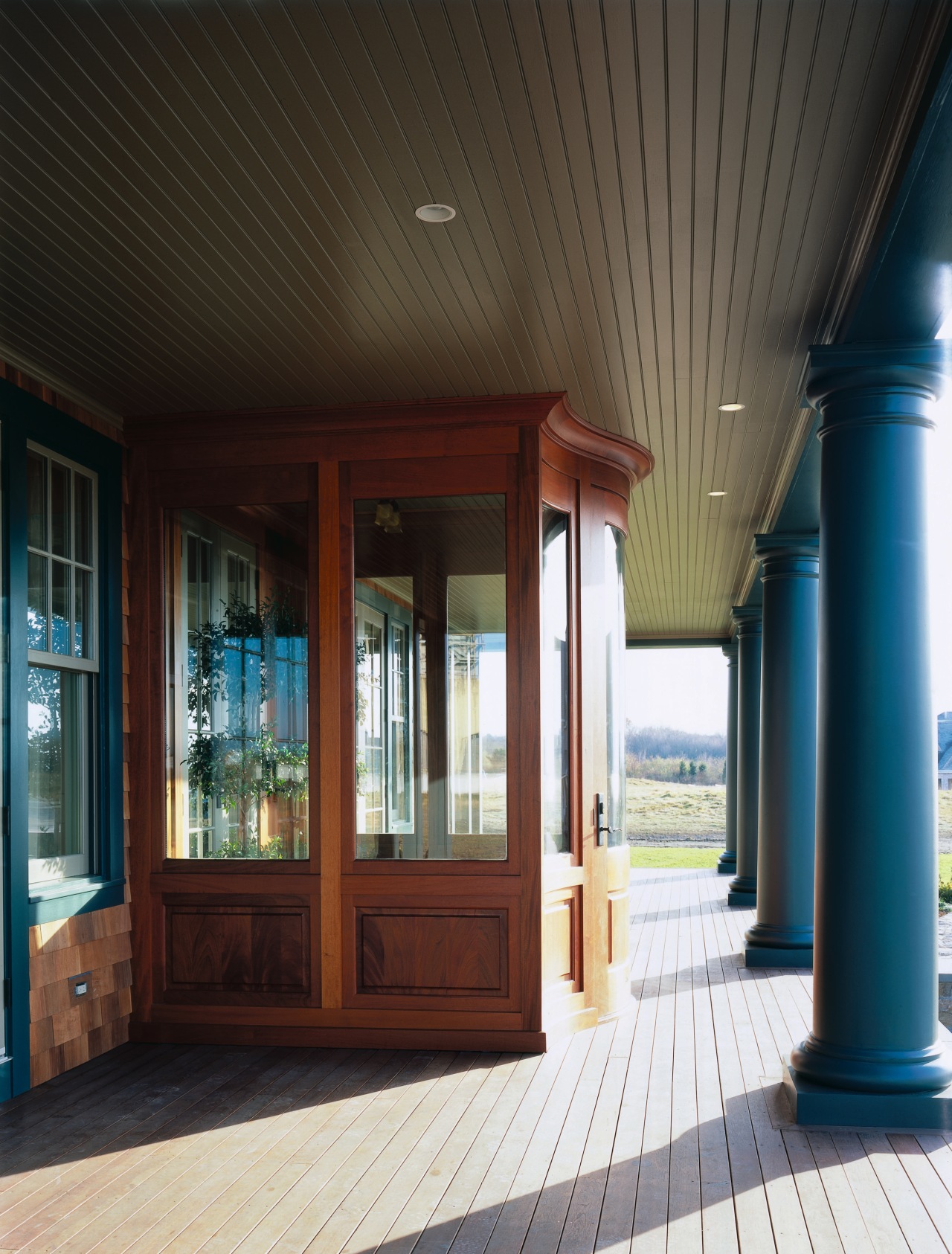 Exterior view of the netrance way, solid mahogony architecture, ceiling, column, porch, structure, window, wood, black