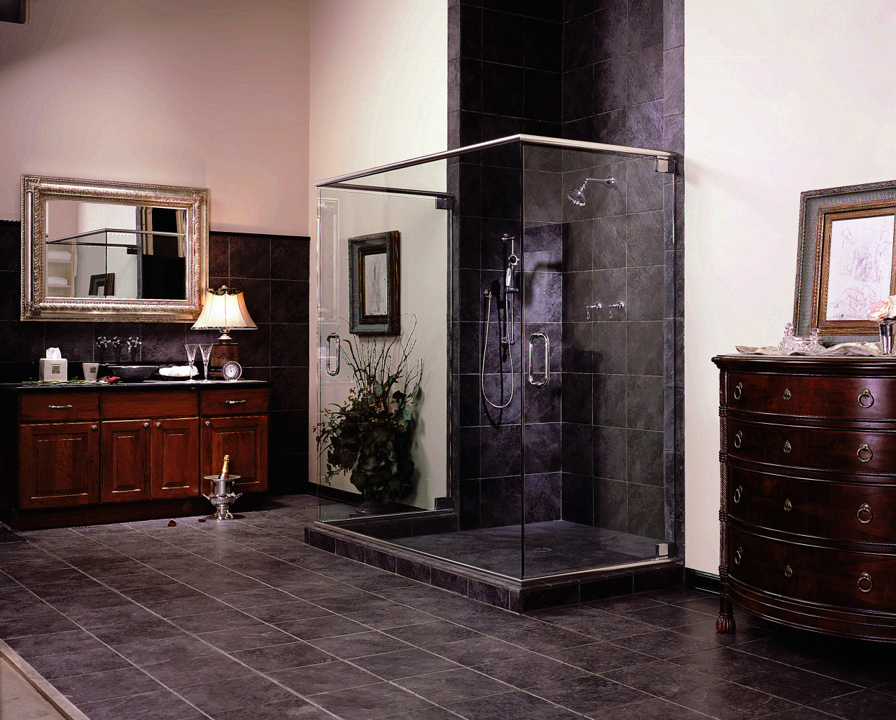 View of a bathroom, black tiled flooring, shower chest of drawers, floor, flooring, furniture, home appliance, interior design, room, black, gray