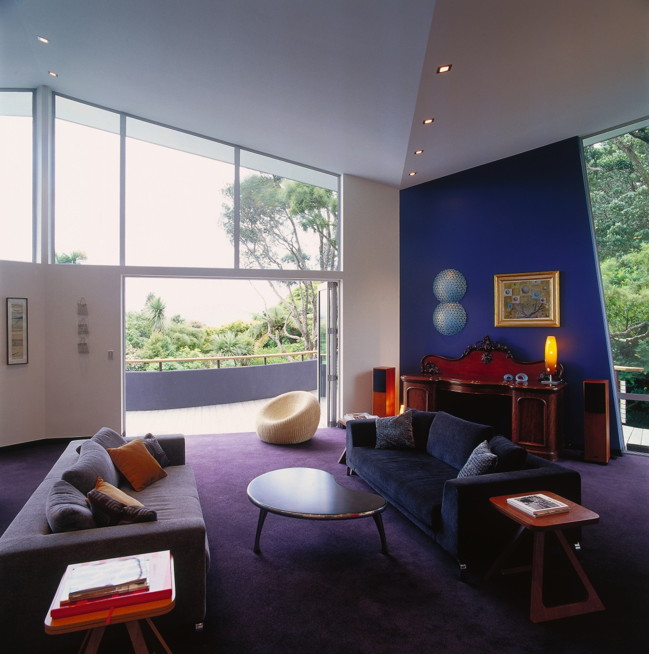 View of the lounge with an angled architecture, ceiling, daylighting, home, house, interior design, living room, real estate, room, window, gray