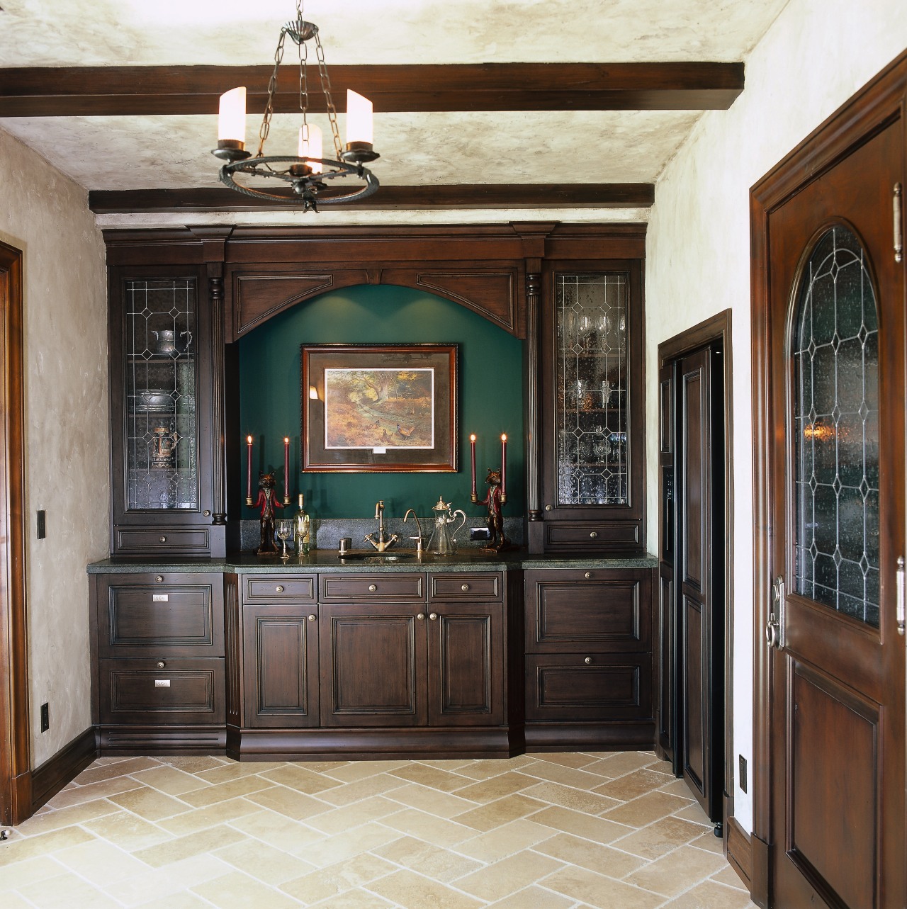 View of the wine tasting room, light brown cabinetry, ceiling, countertop, cuisine classique, estate, flooring, furniture, interior design, kitchen, black, gray