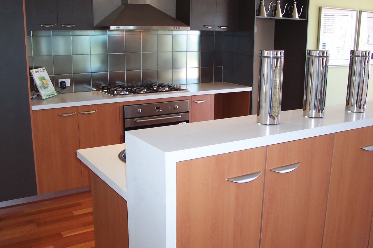 Kitchen with white benchtops, timber cabinetry, and tiled cabinetry, countertop, cuisine classique, interior design, kitchen, room