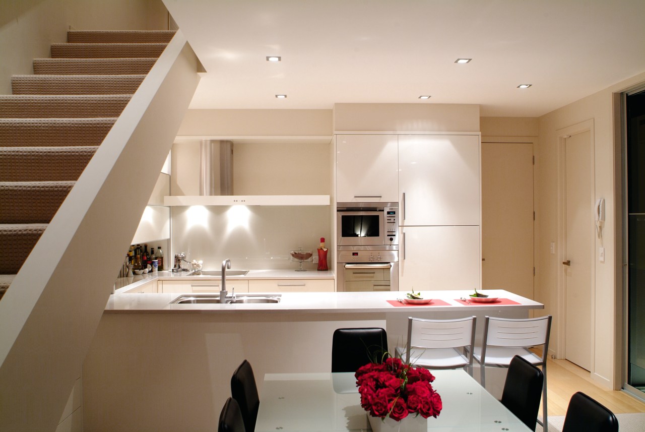 Kitchen with cream coloured cabinetry, recessed lighting, stainless apartment, architecture, countertop, interior design, kitchen, room, gray, brown