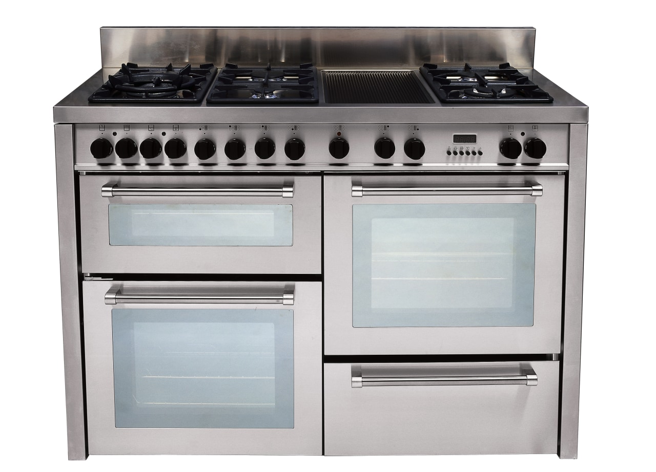 view of the delonghi five burner gas oven gas stove, home appliance, kitchen appliance, kitchen stove, major appliance, oven, white, gray