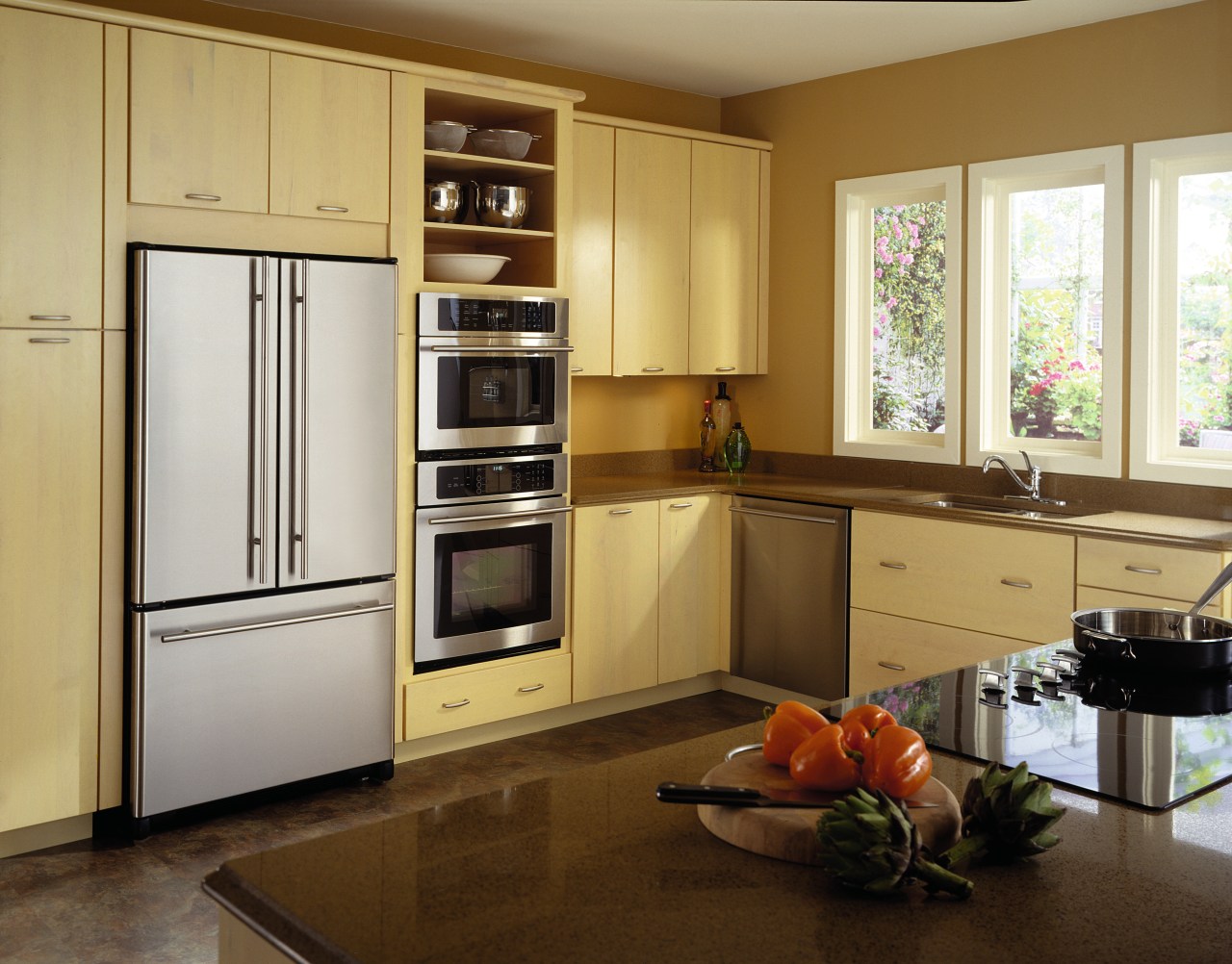 Kitchen with light timber cabinetry, side by side cabinetry, countertop, cuisine classique, home appliance, interior design, kitchen, kitchen appliance, major appliance, refrigerator, room, brown