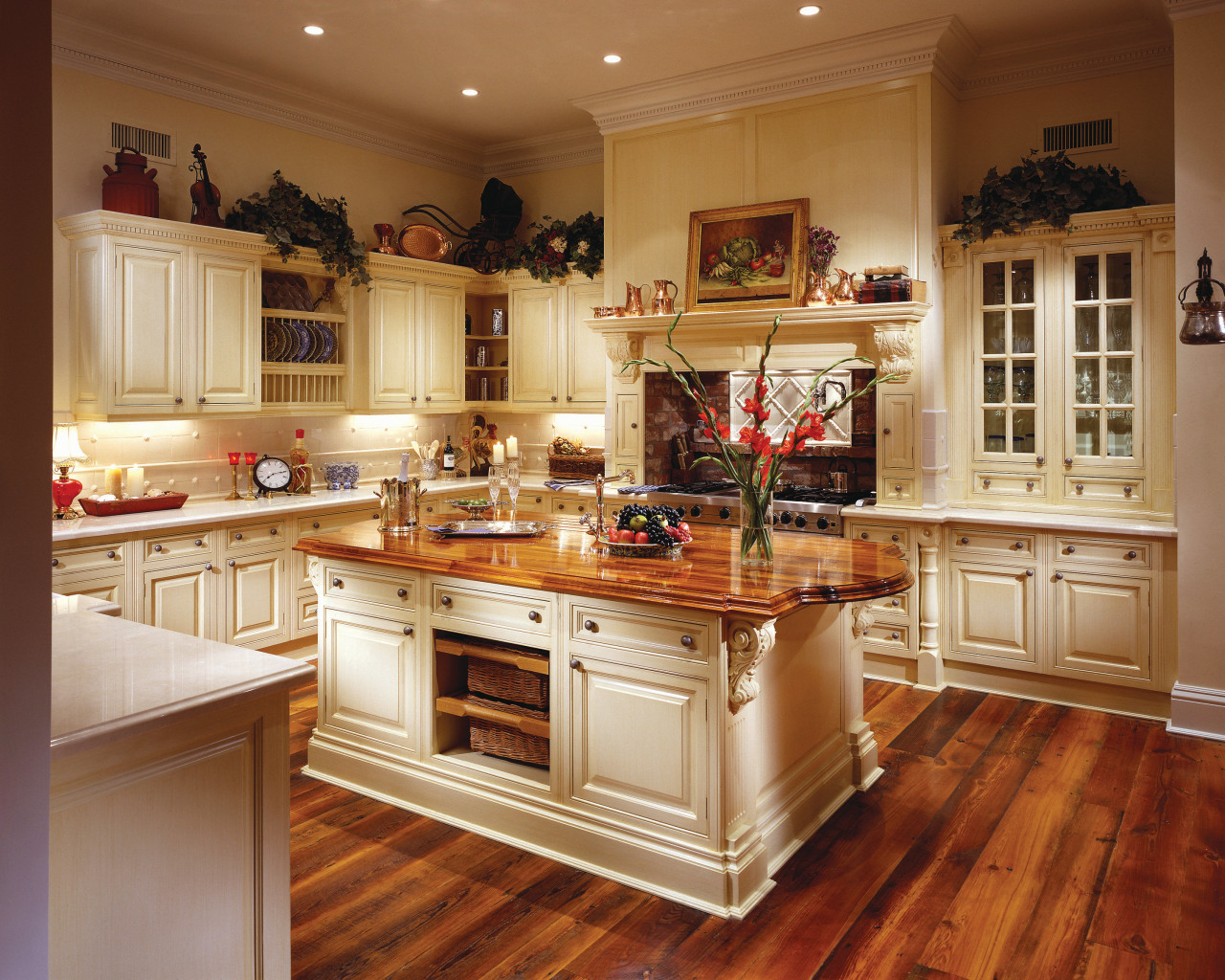 View of a kitchen, wooden flooring, wooden island cabinetry, countertop, cuisine classique, floor, flooring, hardwood, interior design, kitchen, room, wood flooring, brown, orange