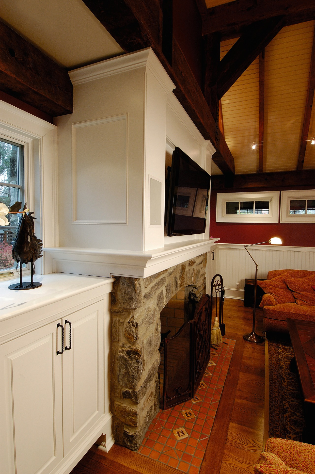 View of the living area, wooden flooring, white cabinetry, countertop, home, interior design, kitchen, room, brown, orange