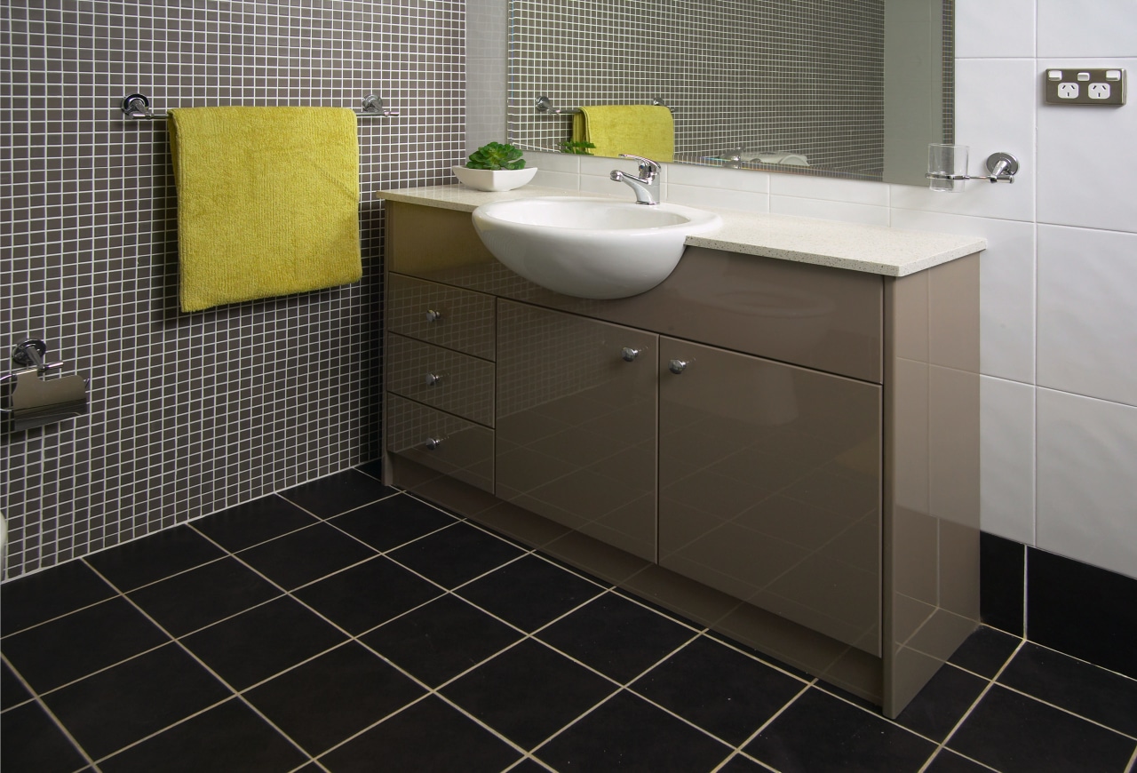 view of the quantum quartz benchtop bathroom, bathroom accessory, bathroom cabinet, countertop, floor, flooring, interior design, plumbing fixture, product design, room, sink, tile, wall, black, gray