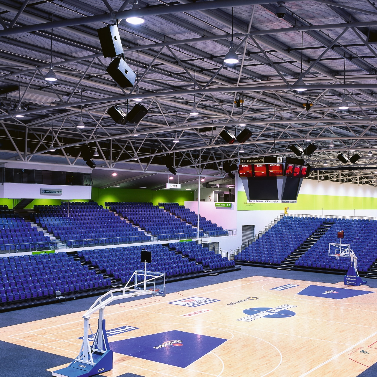 Indoor basketball court with blue seating, and sound arena, basketball court, blue, leisure centre, sport venue, sports, stadium, structure, blue