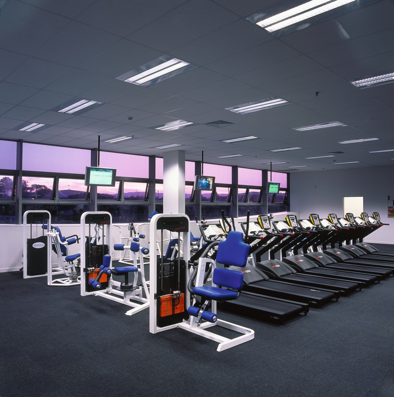 Large room with gym equipment, and LCD television gym, leisure centre, room, sport venue, structure, black, gray