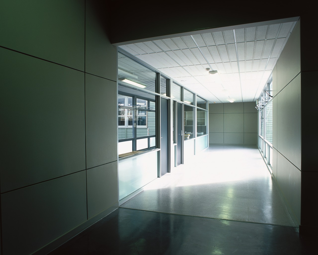 View of corridor outside classroom with ceiling and architecture, ceiling, daylighting, glass, house, interior design, line, window, black, gray