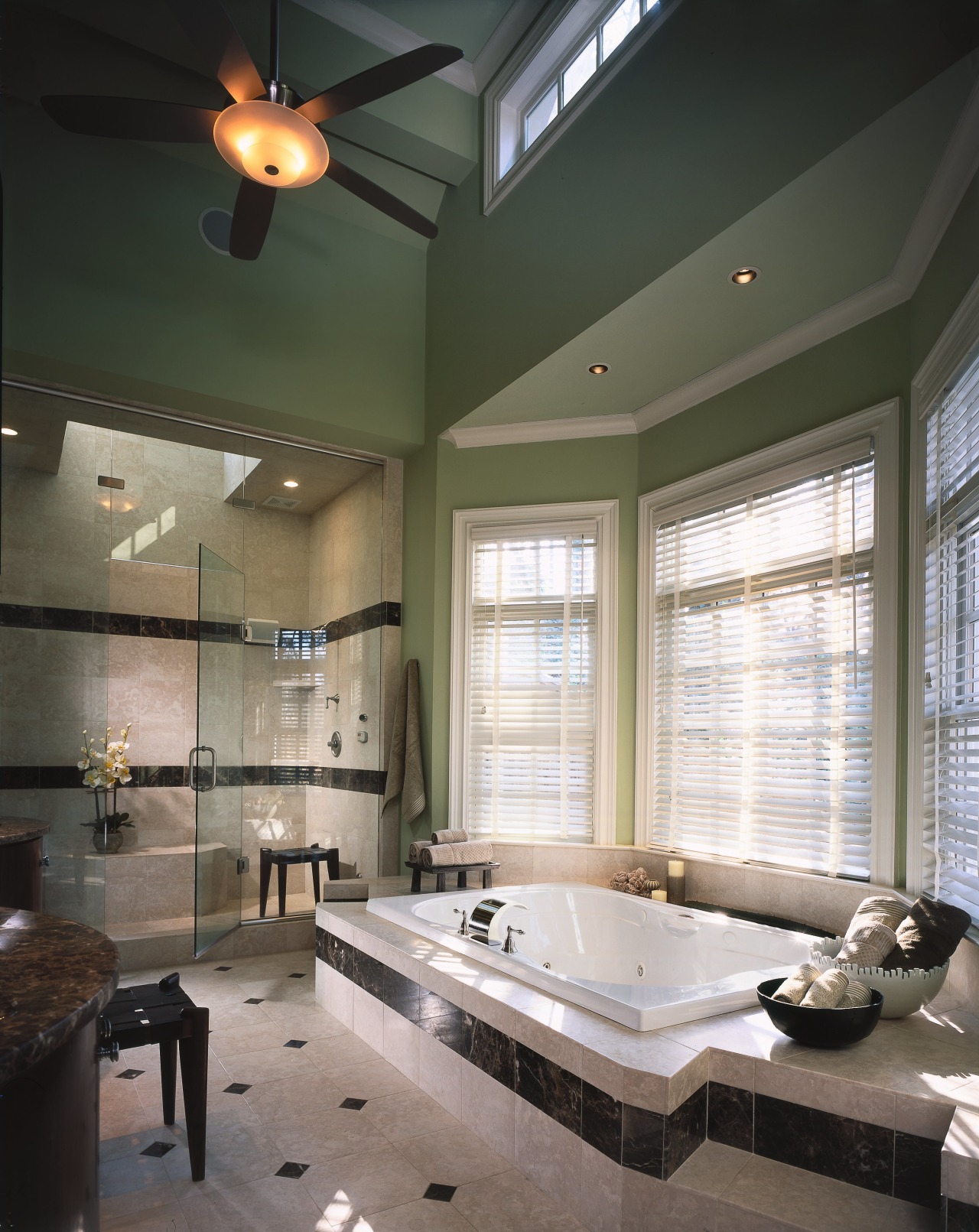 view of the bathroom showing large bay windows bathroom, ceiling, daylighting, floor, home, interior design, lighting, room, window, gray, black