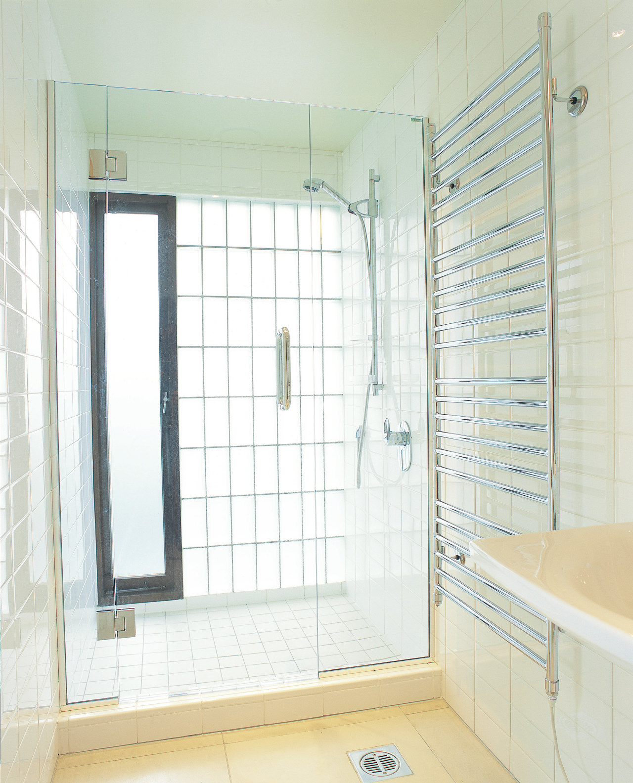 view of the glass block  showerwall bathroom, curtain, glass, interior design, plumbing fixture, room, shower, window, white