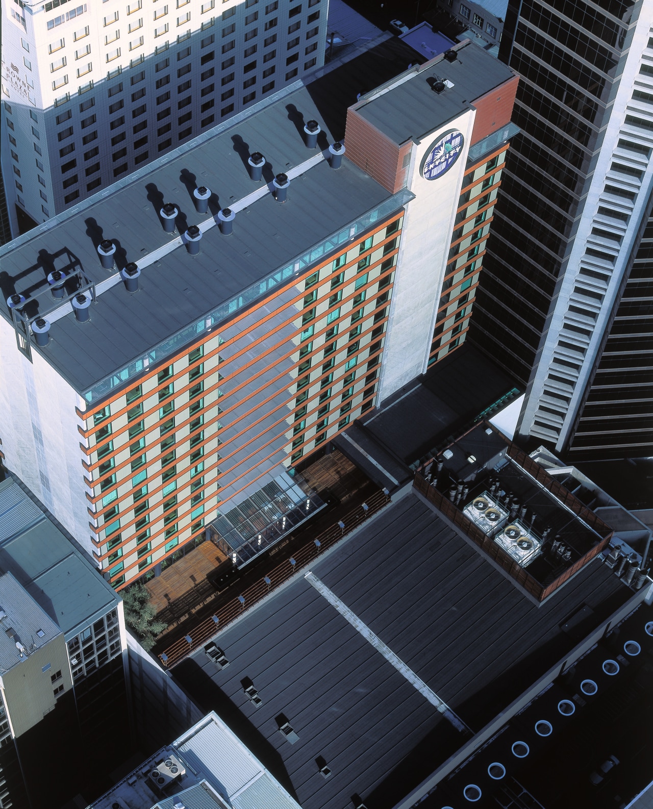 View of flat roof on SkyCity Grand Hotel. architecture, building, city, electronics, metropolis, metropolitan area, skyscraper, technology, urban area, black