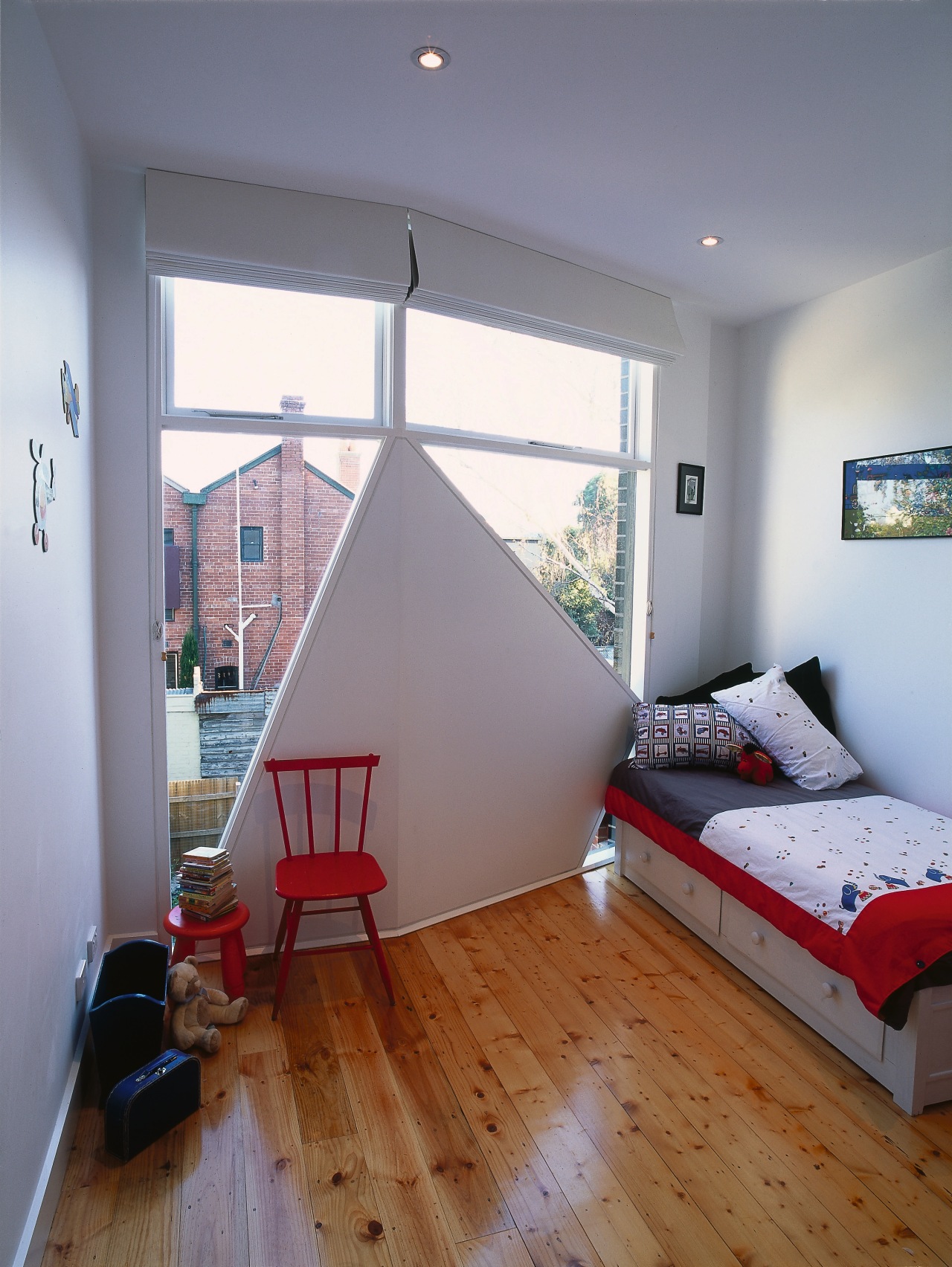 view of this bedroom showing polished timber flooring architecture, bedroom, ceiling, daylighting, floor, flooring, hardwood, home, house, interior design, laminate flooring, living room, loft, property, real estate, room, wall, window, wood, wood flooring, gray