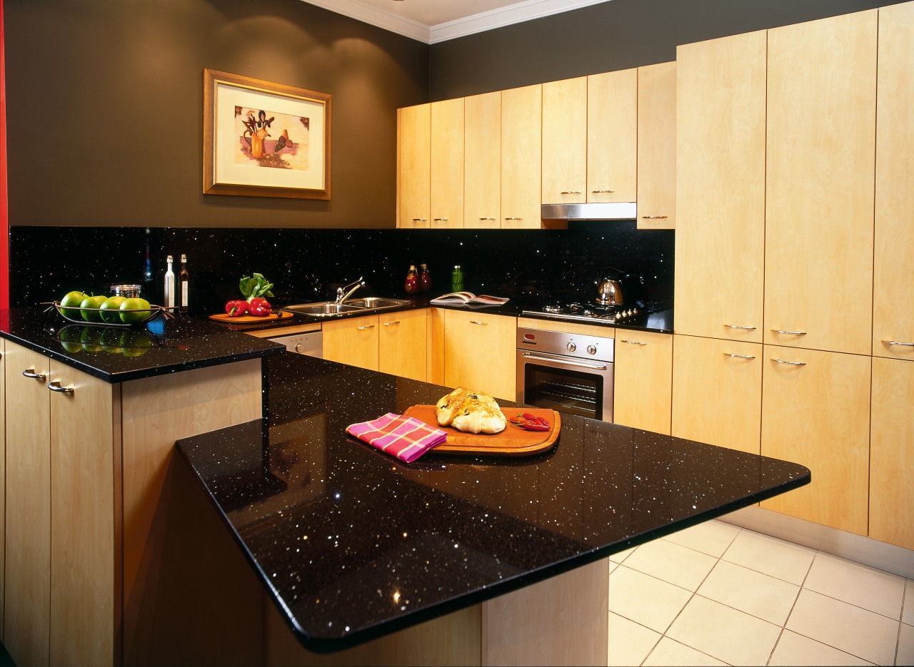 Kitchen with black granite benchtop and light veneer cabinetry, countertop, interior design, kitchen, room, brown, orange