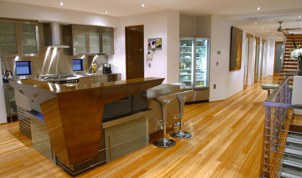 View of kitchen with timber, stainless steel and countertop, floor, flooring, hardwood, interior design, kitchen, room, wood, wood flooring, brown