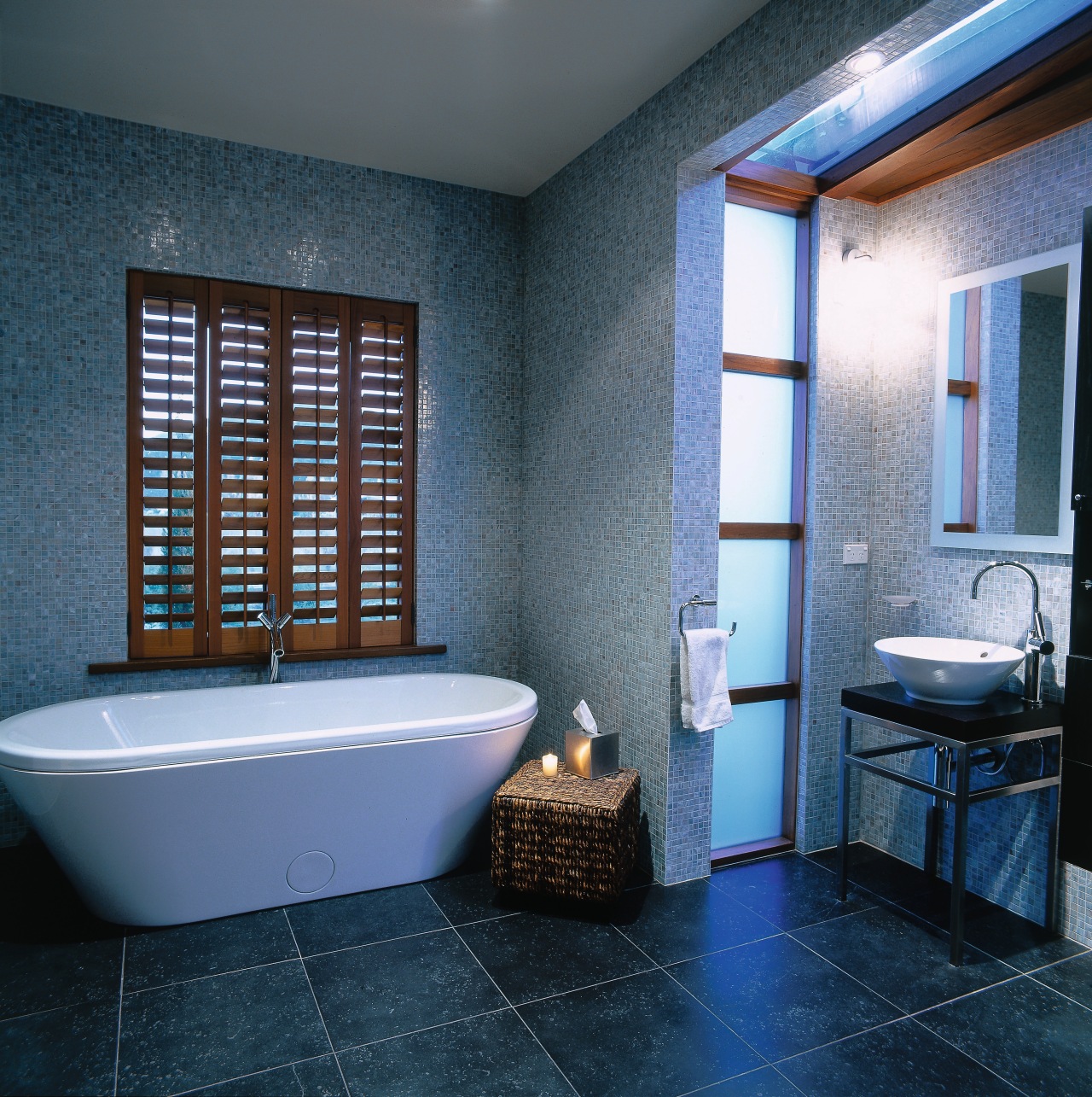 A view o a bathroom, black tiled floor, architecture, bathroom, ceiling, daylighting, floor, home, interior design, real estate, room, tile, wall, window, black