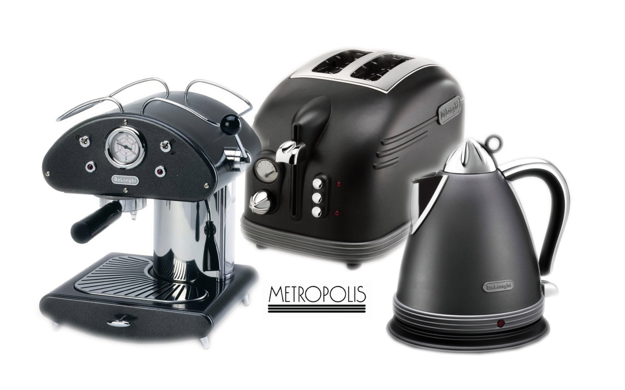 A view of some black appliances. coffeemaker, espresso machine, home appliance, kettle, product, product design, small appliance, white