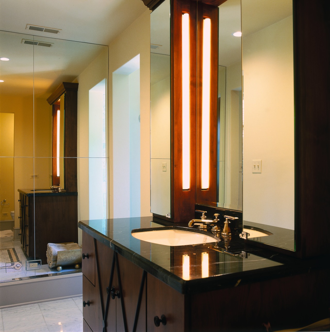 view of the bathroom featuring full length mirrored ceiling, furniture, interior design, room, table, window, black