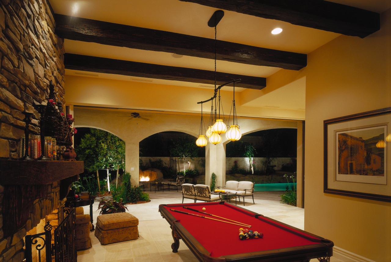 view of the french limestone tiles used in billiard room, billiard table, ceiling, estate, home, interior design, living room, real estate, recreation room, room, table, brown, black